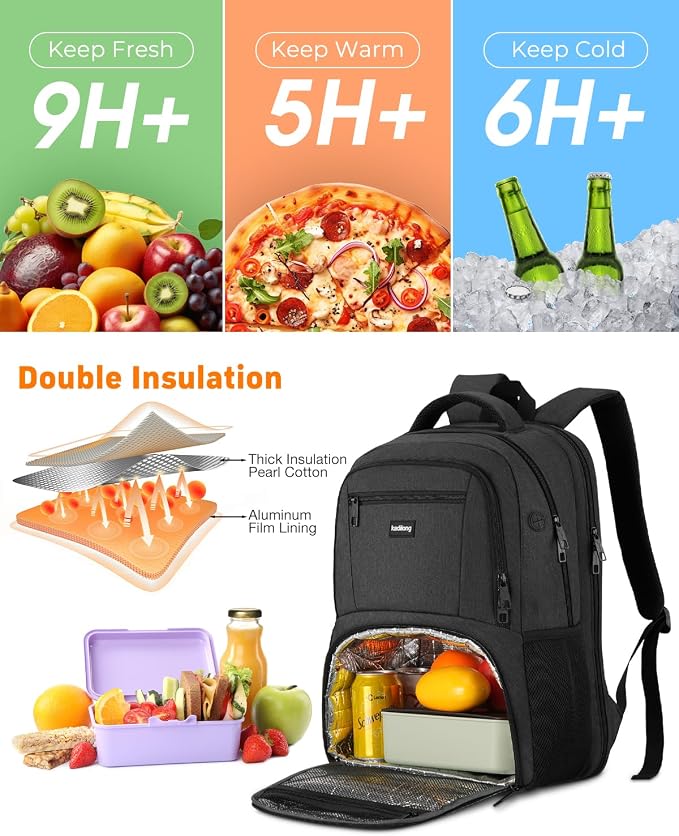 kadilong 18.4 Inch Laptop Backpack Insulated Backpacks with Cooler Compartment,TSA Large School Bag Lunch Box for Teens Boys,Anti-Theft Work Business Bookbag for Men Women