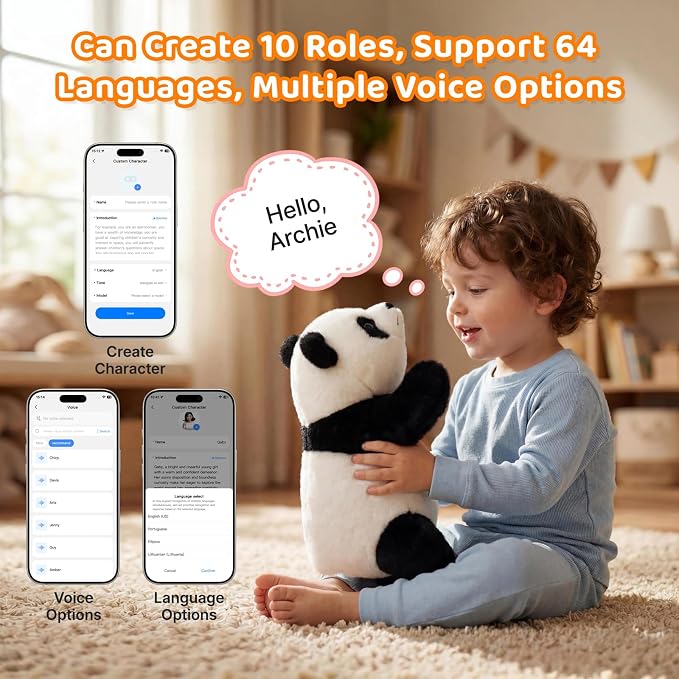 Golabs PT1 Plush AI Robot Panda Toy for Kids 3+,Interactive Companion Pet with 64 Languages, APP w/ 10 Roles Powered by GPT-4o, Voice & Touch Interaction, Real Blinking Eyes, Smart Gift for Boys Girls