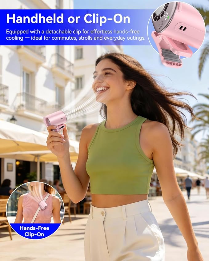 Clip-On Portable Fan with Ice Cooling, 20000 RPM Rechargeable Handheld Turbo Fan, 360° Rotating Detachable Clip, Mini Stroller Fan for Baby, Compact Travel Essentials, Summer Gifts for Women,Pink