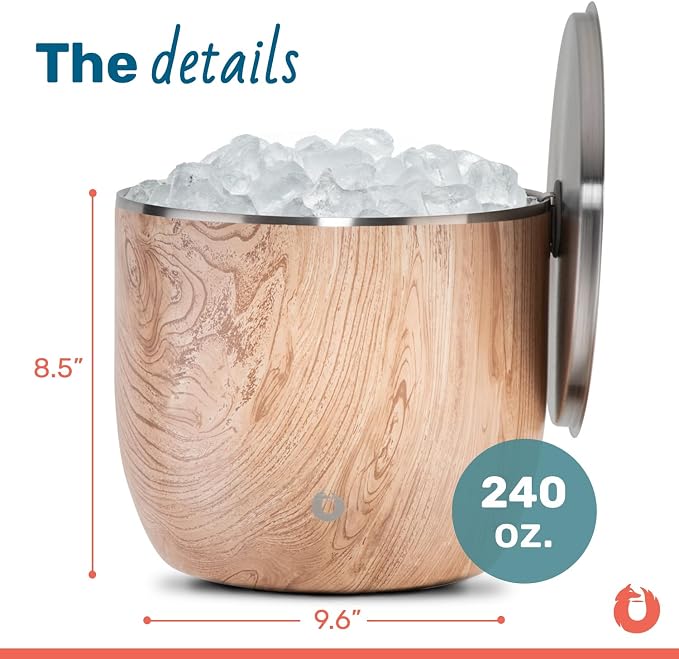 Snowfox XL - Insulated Ice Bucket with Lid/Scoops, Premium Vacuum Insulated Stainless Steel Ice Buckets for Parties, Ice Box, Home Bar Accessories, Parties Supplies, Bar Decor, 7L, Natural Teak