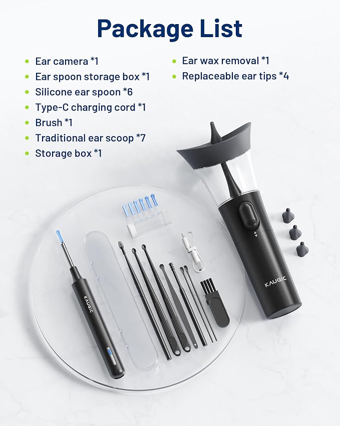 KAUGIC Ear Wax Removal - One-Hand Manual Ear Cleaner with Camera, 7 PCS Ear Spoons, Safe Ear Irrigation Kit for Adults, FSA-HSA-Eligible (Black)