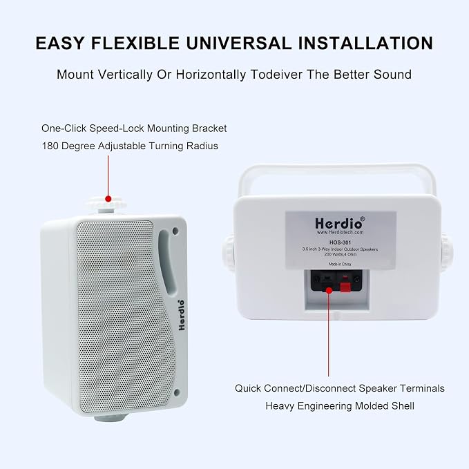 Herdio 3.5 Inch Passive Outdoor Speakers Wired Waterproof, 200W 3 Way Premium Mountable Wall Mount Speakers with Superior Sound, All-Weather Durability, for Patio Marine Boat Garage Indoor(White Pair)