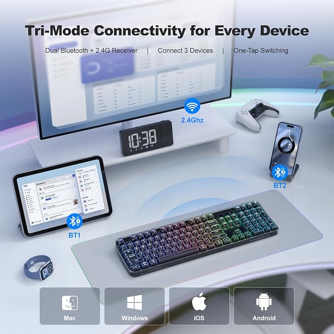 MOFII Upgraded Wireless Ergonomic Keyboard, BT/2.4Ghz Tri-Mode with Natural Curve, RGB Backlit, Rechargeable Battery, Full-Size for Computer/Laptop/Mac/MacBook, Pearl Black