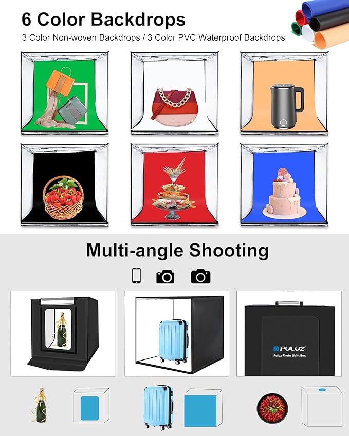 PULUZ 24'' x 24'' Light Box Photography,Large Photo Studio Light Box Professional Dimmable LED Photography Box High CRI Photo Box with 6 Color Backdrops for Product Photography