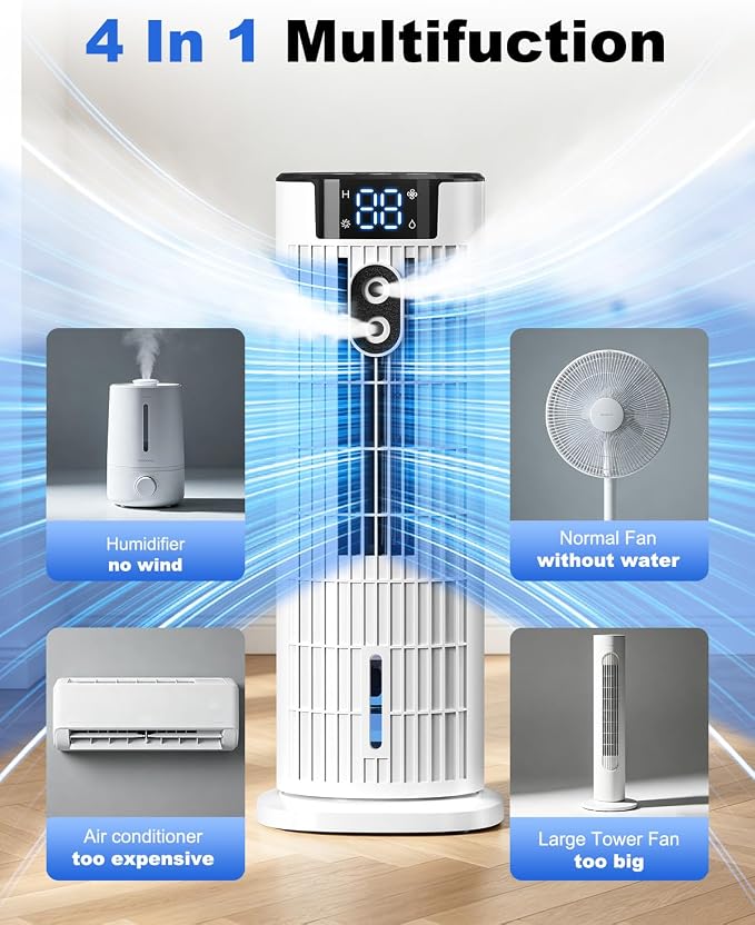 Portable Air Conditioners, 4 in 1 Evaporative Air Cooler, 1000ML Tower Fan with Remote, 3 Wind Speeds&Turbo Mode, 2 Mist,10H Timer, 90° Oscillation Portable AC for Home, Office CoamoTrail(Off White)