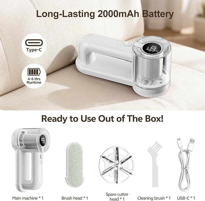 Rechargeable Fabric Shaver, 2-in-1 Lint Remover for Clothing, Furniture, Sweater with 6-Blade, 200ml Container, LED Display, 2000mAh USB-C, 3-Speed Lint Shaver Eliminates Fuzz & Pilling