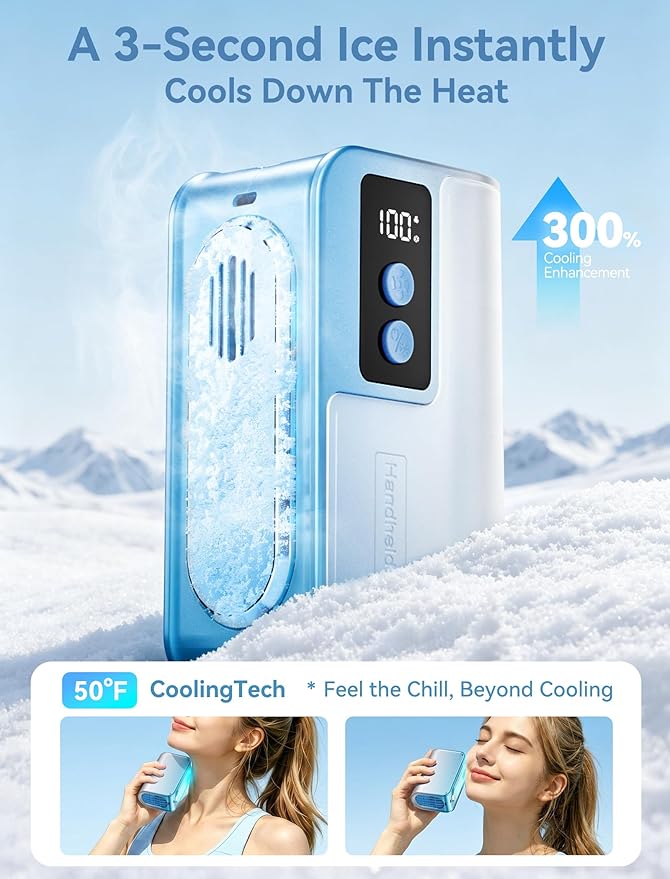 Sunoony Portable Handheld Fan with Ice Cooler, 4000mAh 100Levels Stepless Speed, 20H Long Battery Life, 20000RPM Turbo Fan Rechargeable Personal Mini Fan for Travel, Outdoor, Makeup (Blue)