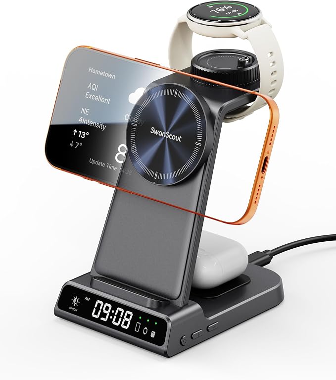 Charger for Garmin Watch, Magnetic Charger for iPhone 17 16 15 14, 3 in 1 Wireless Charging Station for Fenix, Venu, Forerunner, vivoactive, Instinct, Charger Stand for AirPods Pro 3/4 (No Adapter)