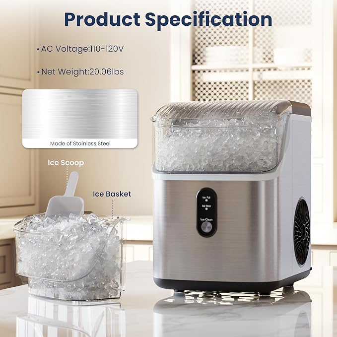 Antarctic Star Nugget Ice Makers Countertop with Handle, 35lbs/Day, Portable Sonic Ice Machine with Auto-Cleaning, Basket and Scoop for Home/Kitchen/Office/Camping(Stainless Steel Silver)