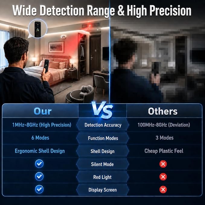 Hidden Camera Detector LED Display Silent Mode Travel Hotels Car | 6 detection modes, spy camera finder, 25H battery, GPS tracker and listening device detector, 5-Level Sensitivity, Compact