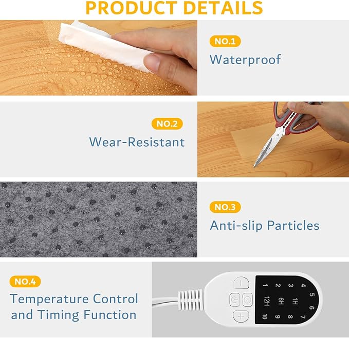 QOUBAI PVC 110V Heated Floor Mat Heater for Foot Warmer Under Desk 22 x 20 Inch Electric Heating Pad Energy Saving Carpet Pad Indoor Floor Heated Rug for Home Office Bathroom House Brown