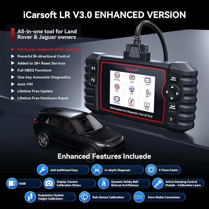 iCarsoft LR V3.0 2026 Version Bidirectional OBD2 Scanner for Most Land Rover/Jaguar from 1996-2023 Full Systems 37 Service Diagnostic Scan Tool Graphic Data Car Code Reader with Lifetime Free Update