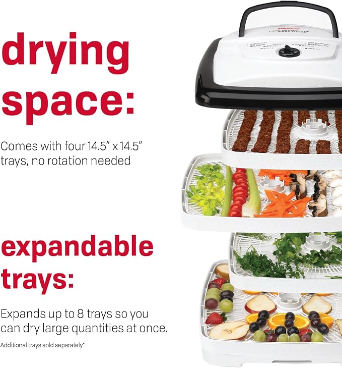 NESCO FD‑80A Square Food Dehydrator for Snacks, Fruit, Beef Jerky, 4‑Tray White Electric Dehydrator with Even Heat Drying