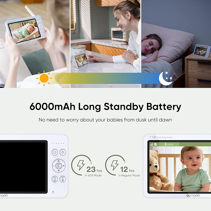 bonoch V2.0 1080P Baby Monitor with 2 Cameras, 7" MegaView Split Screen Baby Monitor No WiFi, 2026 Upgraded Sleep/Crying/Motion Detection, Dual Video Monitor with Camera and Audio, White Noise