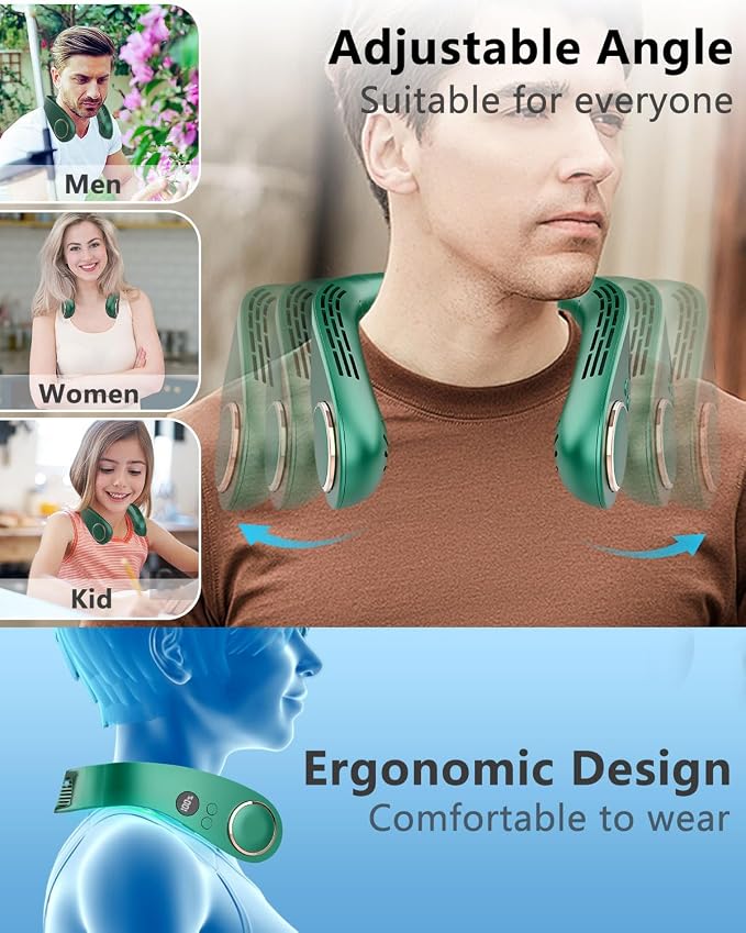 Neck Coolers with Cold Cooling Plates, LED Display & 5 Fan Speeds, Quiet Rechargeable AC Neck Cooler, Hands-Free Hanging Battery Powered Necklace Fans for Women Men Kids Indoor Outdoor, Dark Green