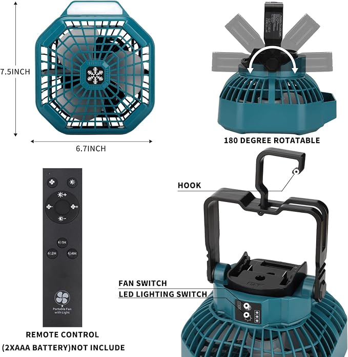 Taingwei Cordless Fan with Remote for Makita 18v Battery,Camping Fan with 3 Energy Efficient Speed Settings and Dimmable Led Light (TOOL ONLY)