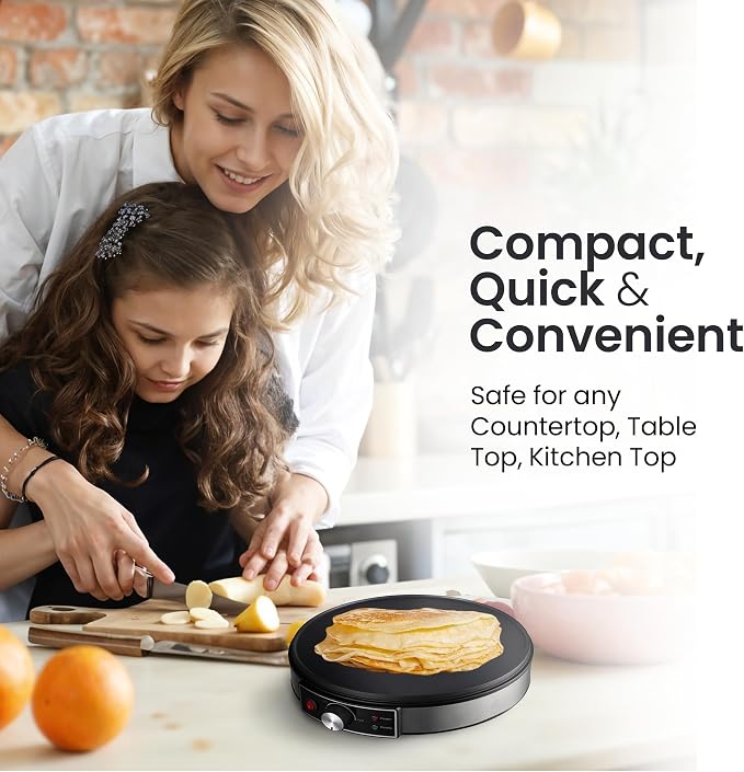 Morning Star 12-Inch Electric Crepe Maker with Nonstick Cooktop | Portable Griddle | Adjustable Temperature Control | Includes Wooden Spatula, Batter Spreader, 2 Recipe Booklets