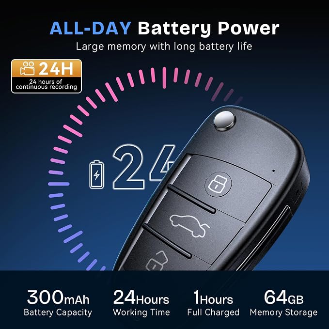 64G 1080P HD Key Fob Camera,Nanny Cam for Home Security, Car Key Camera with Motion Detection & Loop Recording, Long Battery Outdoor Cam with Night Vision & Take Photos, Easy to Use