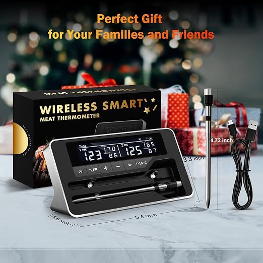 Meat Thermometer Wireless with 2 Probes, 800FT Bluetooth Digital Thermometer with Smart APP, Temp Precise Improved by 100%, Instant Read Food Thermometer with Alerts for Oven Smoker BBQ Grill