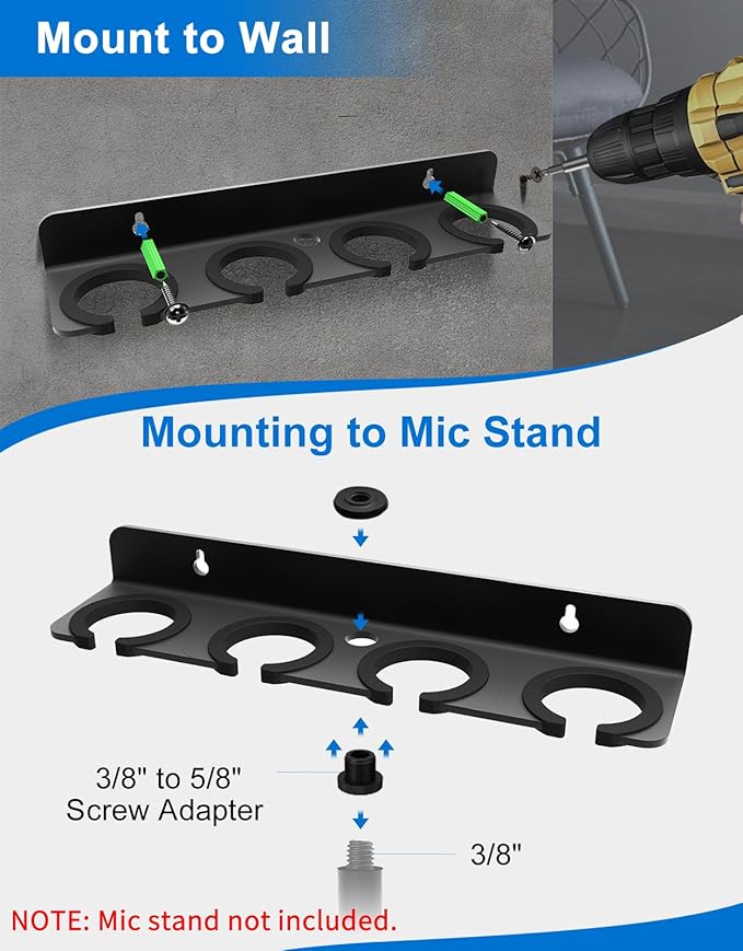 Multi Microphone Holder for Wired and Wireless Mics, Hold Up to 4 Mics, Multiple Mic Organizer Storage for Mic Stand, Rubber Padding/Wall Mounted or Mounted to 5/8"-27 or 3/8"-16 threaded Stands