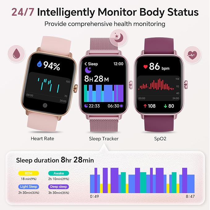 Smart Watches for Women (Calls/SMS/Reminders), 1.85" HD Alexa Smart Watch for Android Phones & iphone Compatible, 120+ Sport Modes Fitness Watch, Heart Rate/SpO2/Sleep Tracker, 3ATM Fitness Trackers