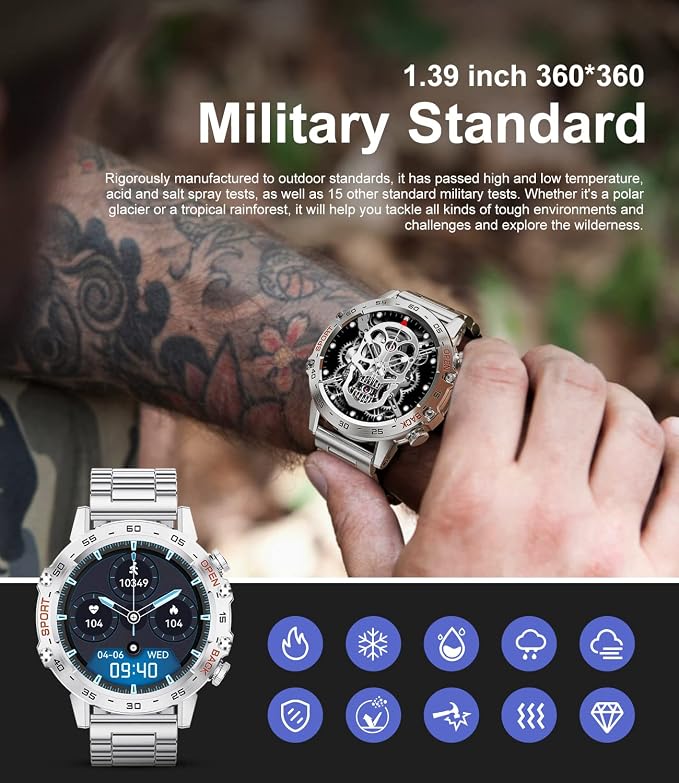 SUNKTA Military Smart Watch for Men(Answer/Dial Calls),1.39''HD Touchscreen,5ATM Waterproof Fitness Watch,100 Sports Modes, with Heart Rate/SpO2 for Android/iOS Smart Watch Silver
