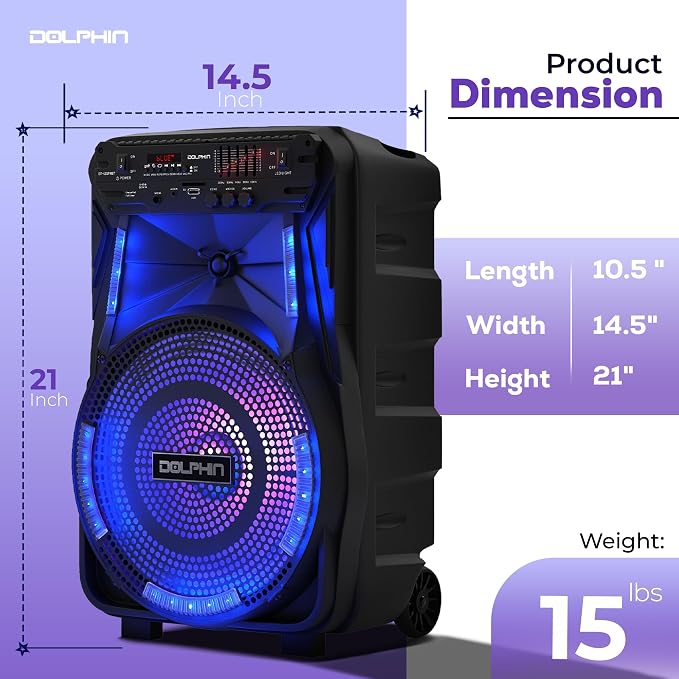 Dolphin 12-Inch Rechargeable Bluetooth Party Speaker – High Power Sound, TWS Compatibility, LED Lights, 5-Band Equalizer, Portable Design with Trolley and Wheels