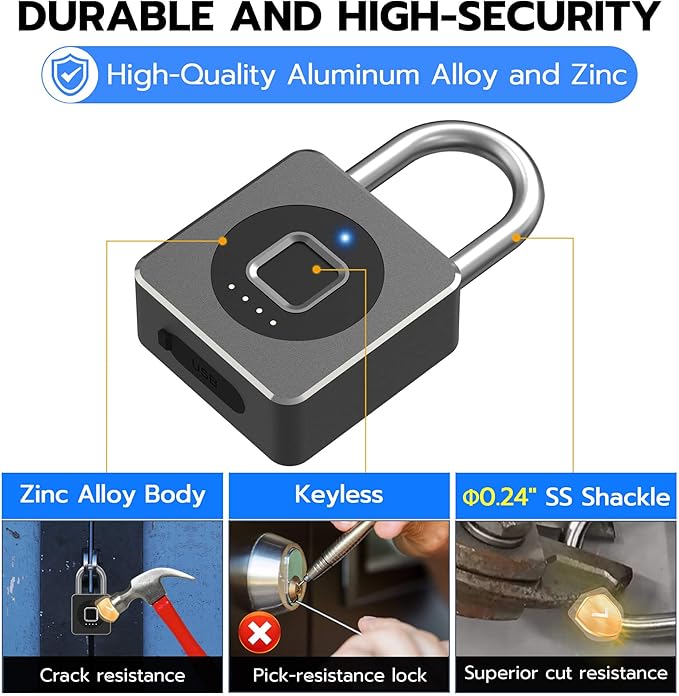 eLinkSmart Fingerprint Gym Locker Lock, Keyless Biometric Padlock, Weatherproof Electronic Digital Smart Combination Pad Lock for Outdoor Fence Gate Storage Helmet Ski Pool Shed (Black, with Cable)