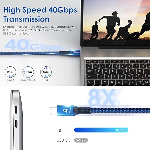 Thunderbolt 4 Cable 10FT Compatible, 240W, 40Gbps, 8K 60Hz, 4K 144Hz USB 4 USB C Cable for MacBook Pro/Air, SSD, Dell XPS HP, iPhone 17, SSD, Mac mini M4 Pro