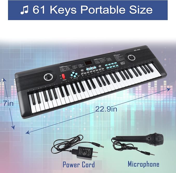 61 Key Piano Keyboard with Built-in Speaker & Microphone, Portable Electronic Digital Piano for Beginners, Ideal Musical Gift with Teaching Features