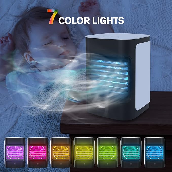 Evaporative Portable Air Cooler, 100° Oscillating Mini Air Conditioner, 3 Speeds, 7 Color LED Lights, USB Powered, Personal Mini Fan For Bedroom Table Office Outdoors