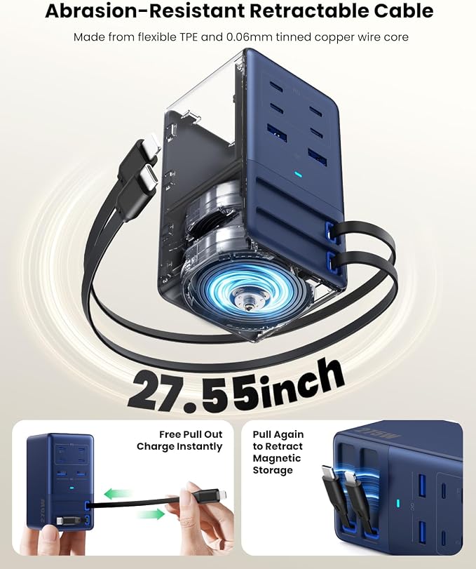 USB C Charger 275W Charging Station with Retractable Dual Cables,Upgraded 8-in-1 GaN IV Fast Charging Hub Block+PD QC PPS 65W Laptop Adapter for MacBook Pro/Air,iPad,iPhone 17/Pro,Galaxy S24,Dell-Navy