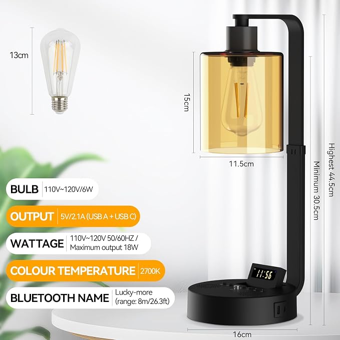 Aialun Industrial Table Lamp,Dimmable Bedside Lamps Nightstand for Bedroom USB A/C Charging Ports,Alarm Clock Bluetooth Speaker Lamp,Adjustable Height 2700K Warm Light Desk Touch Lamp for Living Room