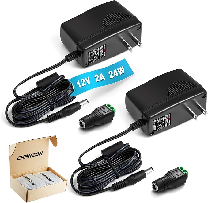 Chanzon 12V 2A UL Listed 24W AC DC Switching Power Supply Adapter (Input 100-240V, Output 12 Volt 2 Amp 24 Watt 6Ft Cord) Wall Wart Transformer Charger for DC12V CCTV Camera LED Strip Light (2-Pack)