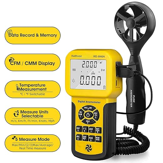 Kethvoz HVAC Anemometer CFM Wind Speed Meter, Digital Airflow Tester Measure Air Velocity Volume Temperature for AC System, Industrial Anemometro with Backlight MAX MIN AVG Data Storage KE-846A
