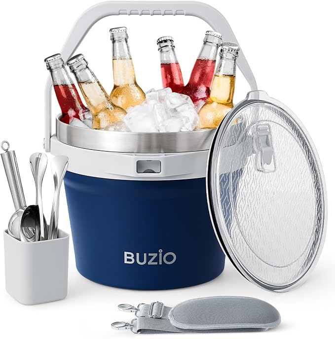 BUZIO 7 L Ice Bucket for Parties with Lid and Scoop & Tongs, Vacuum Insulated Stainless Steel Ice Buckets with Handle and Adjustable Shoulder Strap, Large Beverage Bucket for Cocktail Bar, Blue