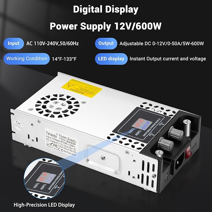 Adjustable Power Supply with LED Display - AC110V/220V to DC 0-12V Converter 600W 50A Power Supply