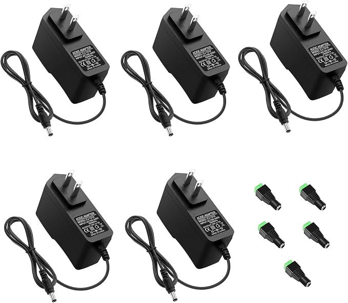 ALITOVE 12V 1A Power Supply AC Adapter 100-240V 50-60Hz to DC 12 Volt Transformer 12W Replacement Power Cord 5.5 x 2.5mm/2.1mm Tip for CCTV Security Camera DVR NVR System Router LED Strip (5 Pack)