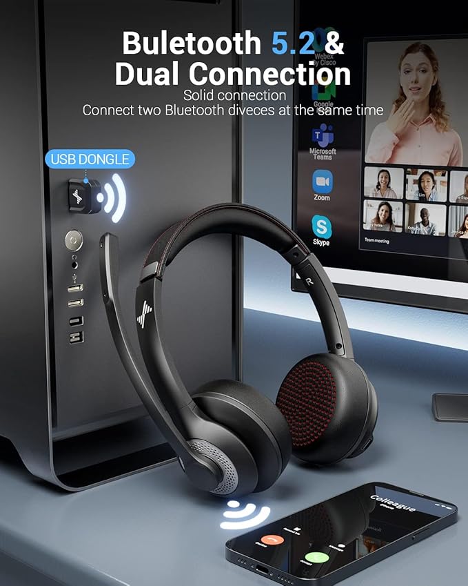Bluetooth Wireless Headset with Mic for Work, Bluetooth 5.2, Advanced Noise Reduction Microphone, Clear Calls - Comfortable On-Ear Headphones, Applicable to PC, Laptop, Phone, Android, Zoom, Office