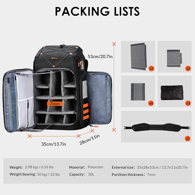 TARION FPV Drone Backpack 30L - Extra Large Camera Bag with 17in Laptop Compartment Waterproof Rain Cover - External Mounts for 7 Drones - FlightPro