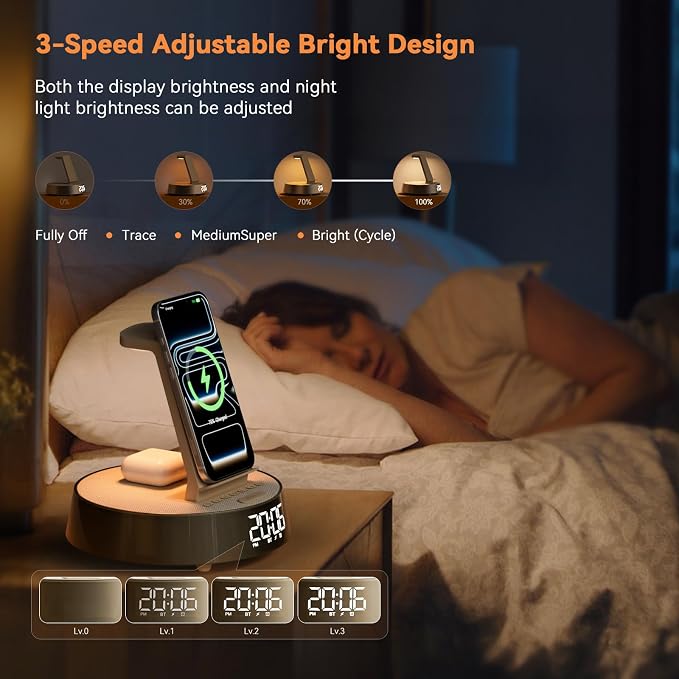 6 in 1 Wireless Charging Station with Alarm Clock, Bluetooth Speaker, FM Radio, Night Light for Bedroom Office, Wireless Charger Dock Station for iPhone 17 16 15 14 13 12 Pro Max,Apple Watch, AirPods