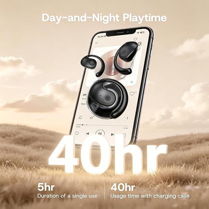 Over Open Ear Earbuds Wireless Bluetooth Open Ear Headphones Air Conduction Earbuds that Don't Go in Your Ear with Awareness of Surroundings with Over-Ear Hooks