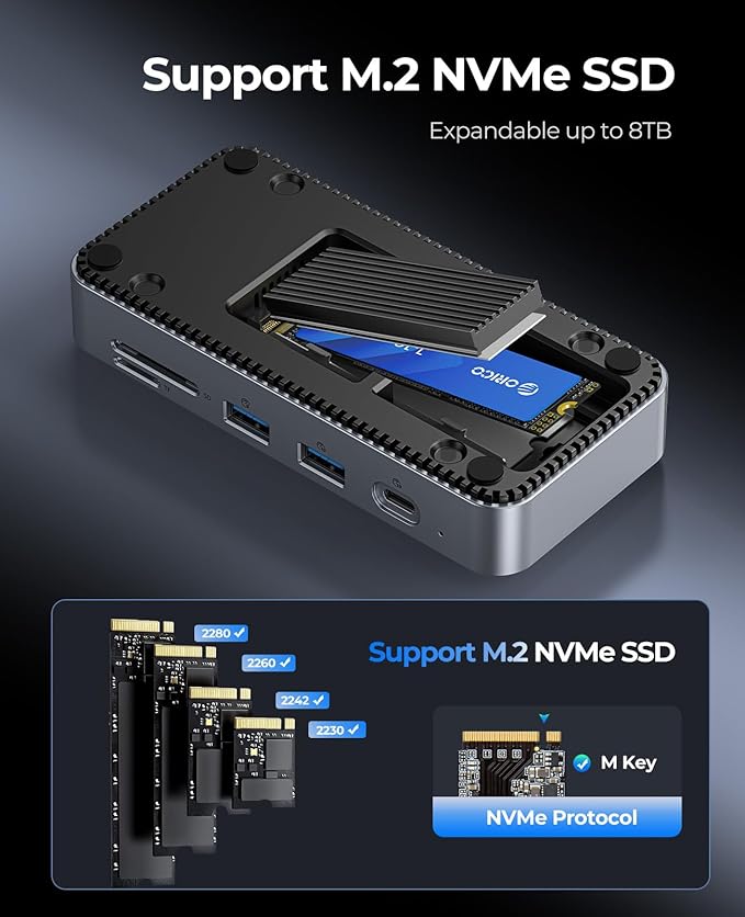 ORICO 9-in-1 USB C Hub with M.2 NVMe SSD Enclosure 10Gbps, Tool Free Hub Docking Station with Built-in Fan, Gigabit Ethernet, 100W PD, SD/TF, Type C & USB A for Laptop MacBook