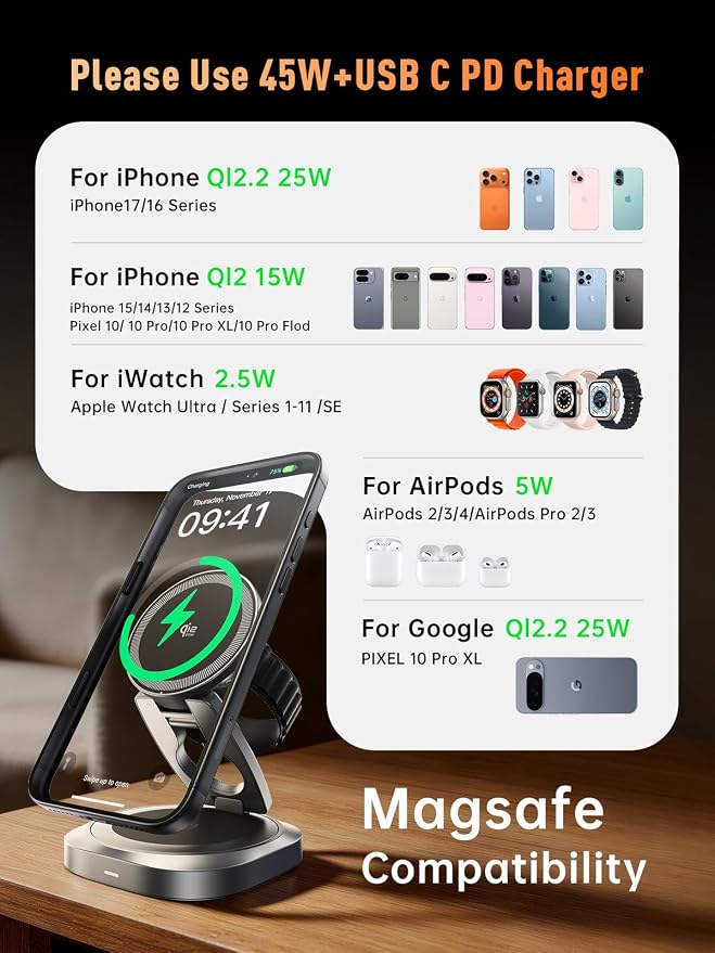 3-in-1 Foldable Qi2.2 25W Magnetic Wireless Charger Stand for iPhone Black | 360° Rotatable Charging Station for Airpods & Apple Phone Watch Earbuds for Travel Desk Home (No Adapter)