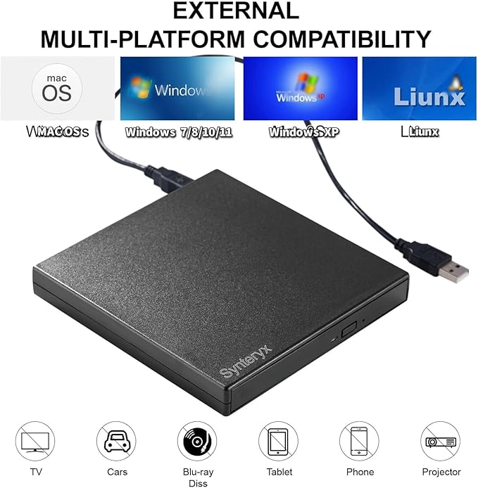 External CD DVD Drive USB and Type-C, Portable Slim CD/DVD +/-RW Burner Reader Writer Player for Laptop Desktop PC Mac Windows Linux OS Apple (Matte Black (with Protective Case))