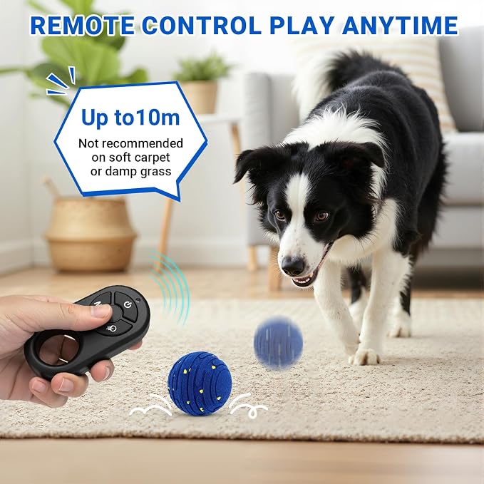 Smart Interactive Dog Toy with Remote Control, E-TPU Toy Ball for Aggressive Chewers, Automatic Moving, IPX6 Waterproof, Rechargeable Rolling Ball for Small/Medium/Large Dogs, BLU&YLW
