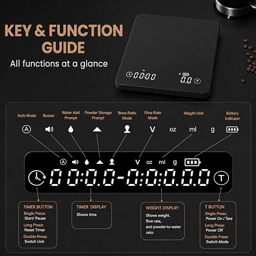 Smart Espresso Coffee Scale with Timer, 0.1g Accuracy, Flow Rate & Ratio | VIEYKEA Espresso Scale, Rechargeable Digital Pour Over Coffee Scale, G/oz/ml Unit, Auto Mode for Kitchen Home Office Travel