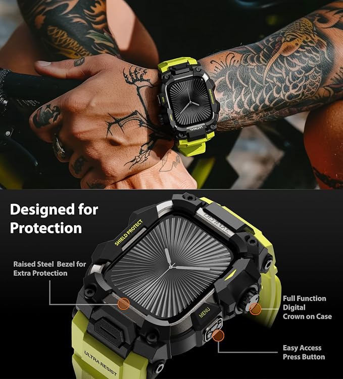 ULTIMAL Rugged Case with Band for Apple Watch 46mm,Compatible with Apple Watch Series 11/10, Military Grade Shockproof Bumper Cover for iWatch Tactical Band Men (46mm,Fluorescent Green)