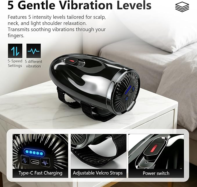 Professional Handheld Palm Massager with Adjustable Straps, 5 Modes, 2600mAh USB Rechargeable Vibrating Massager for Barber Salon, Neck & Scalp Care（Black）