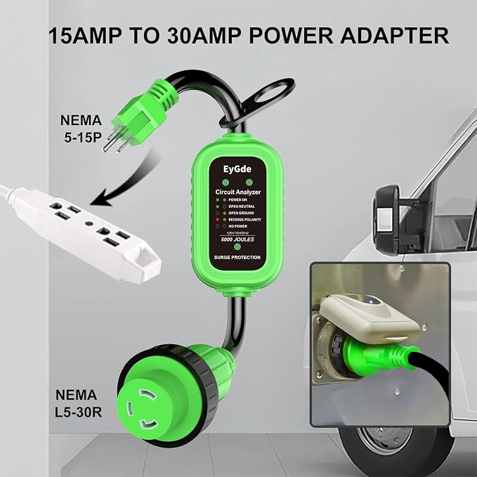 EyGde 30 Amp to 15 Amp 110 RV Adapter with Surge Protector, Patented 15 Amp Male to 30 Amp Female Adapter with Twist Locking Connector, Circuit Analyzer Voltage Protector for Camper Travel Trailer
